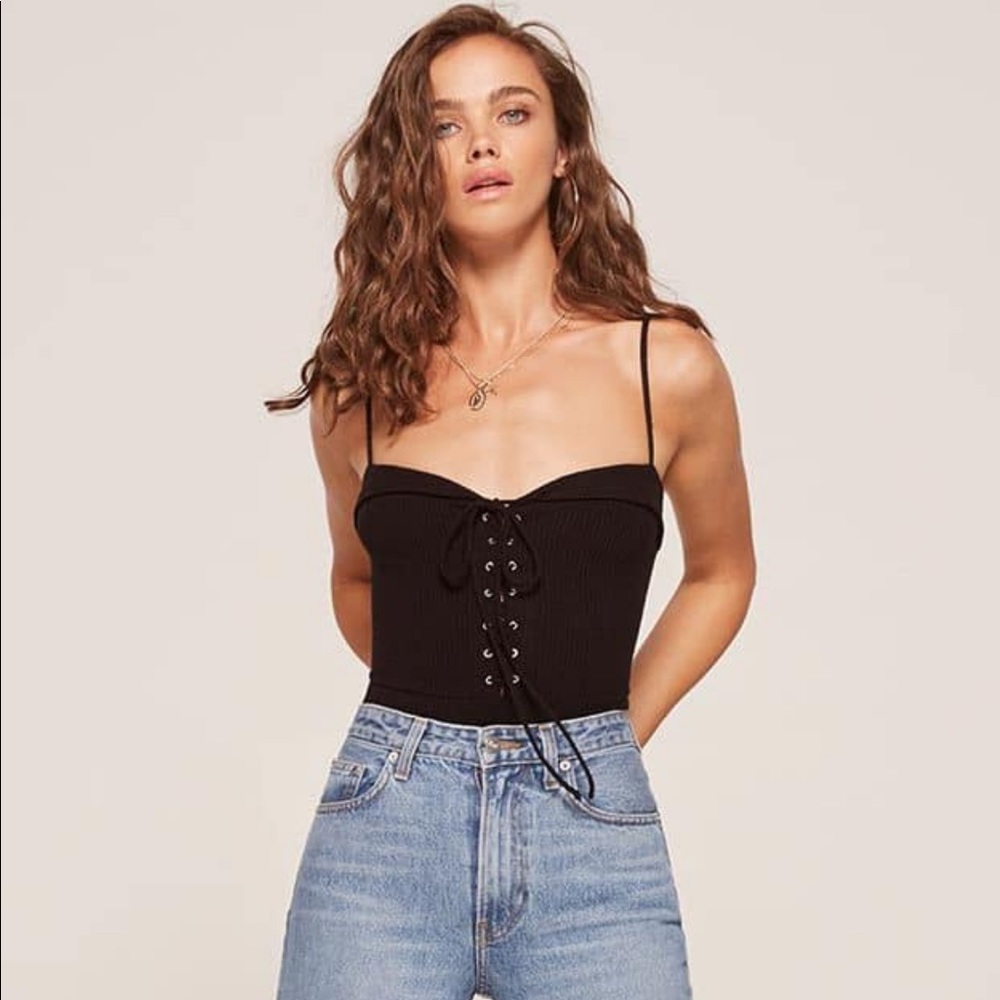 Reformation Black Lace-Up Ribbed Spaghetti Strap Top